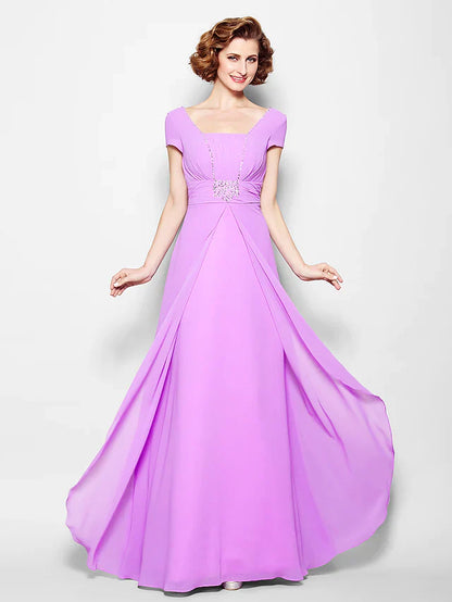 Full view of the A-line mother of the bride dress with lace-up square neck and short sleeves.
