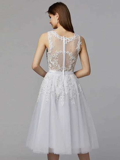 Close-up of the intricate floral lace and beading details on the dress's illusion neckline.