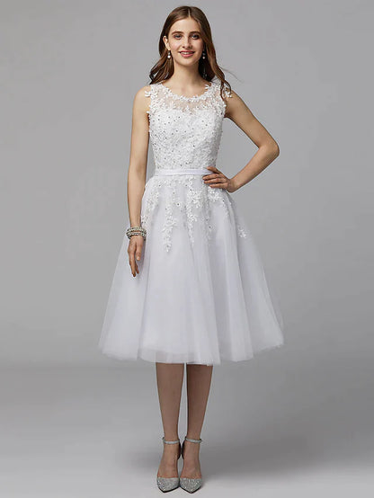 Full view of the A-line tea-length dress, showcasing its satin skirt and sleeveless design.