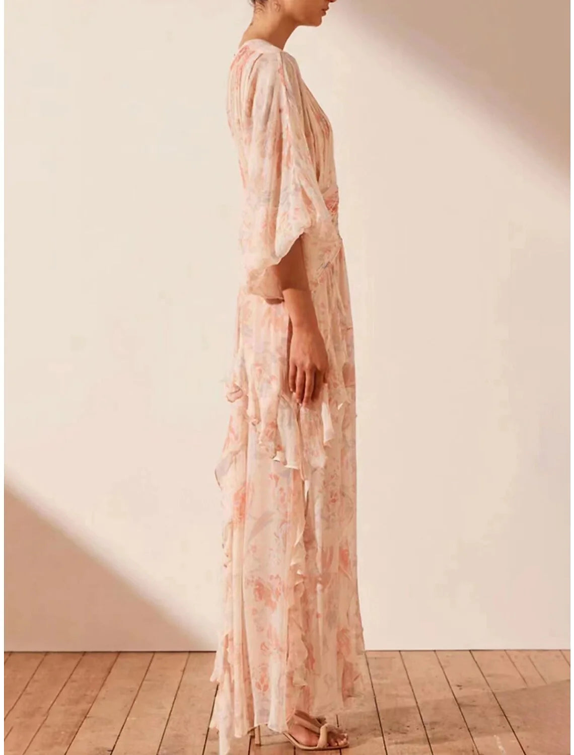 Close-up of the jewel neck and floral print on the long sleeve maxi dress.