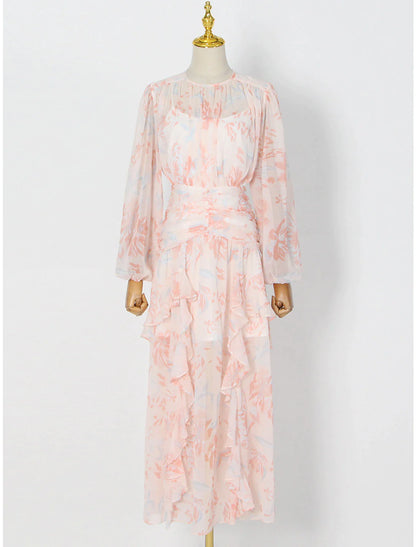 Back view of the elegant A-line floral maxi dress, highlighting its design.