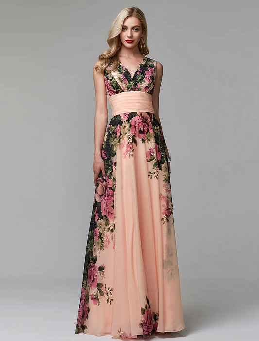 Woman wearing a floral A-line V-neck chiffon floor-length dress.