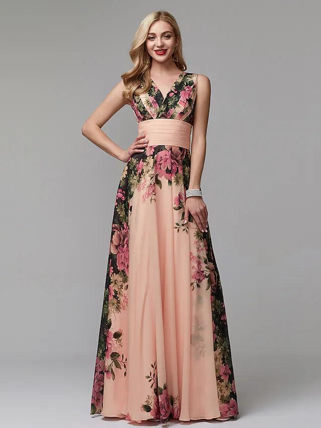 Back view of the elegant floor-length A-line floral dress.