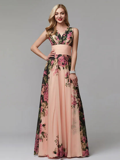Back view of the elegant floor-length A-line floral dress.