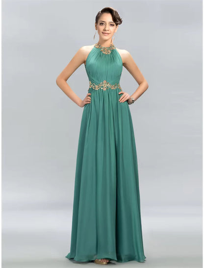 Model wearing an elegant A-line halter chiffon maxi dress with ruched appliques.