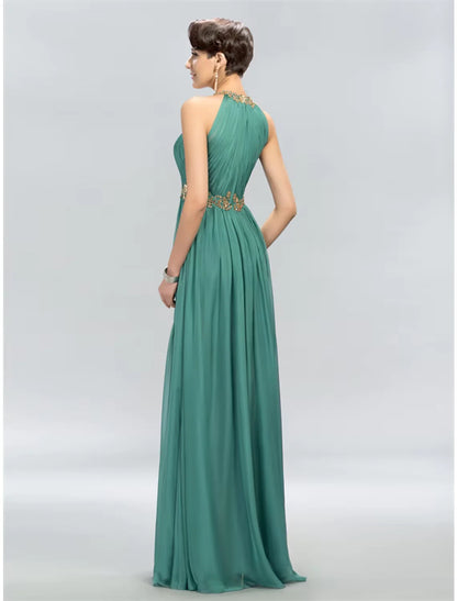 Side view of the A-line halter chiffon maxi dress, highlighting the ruched details.