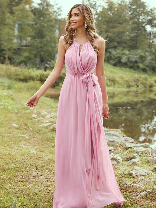 Elegant A-line halter chiffon ruffle bridesmaid dress in light purple.
