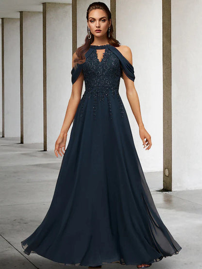 Elegant plus-size model wearing a floor-length A-line halter Mother of the Bride dress with sequined lace.