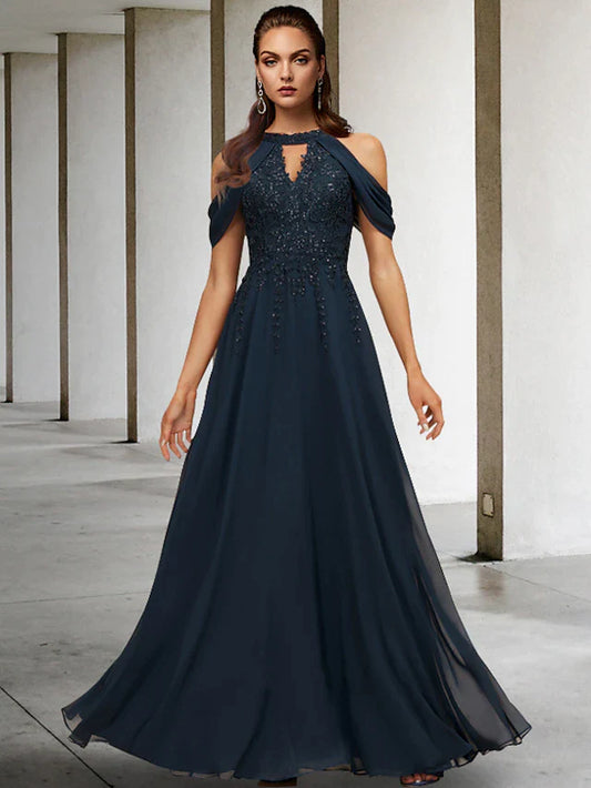Elegant plus-size model wearing a floor-length A-line halter Mother of the Bride dress with sequined lace.