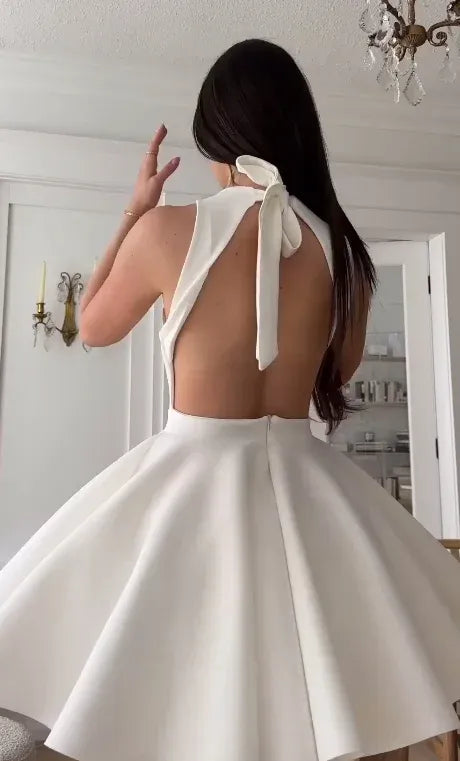 Elegant A-Line Halter Neck Backless Bow Detail Satin Mini Dress