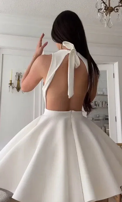 Elegant A-Line Halter Neck Backless Bow Detail Satin Mini Dress