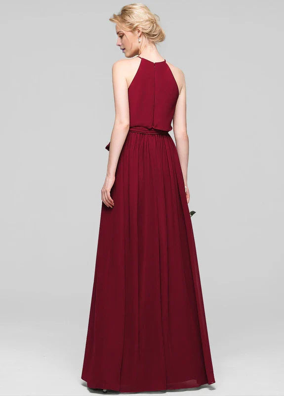 Elegant A-Line Halter Neck Bow-Waist Chiffon Maxi Evening Dress