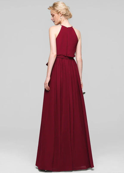 Elegant A-Line Halter Neck Bow-Waist Chiffon Maxi Evening Dress