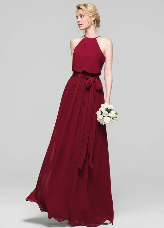 Elegant A-Line Halter Neck Bow-Waist Chiffon Maxi Evening Dress