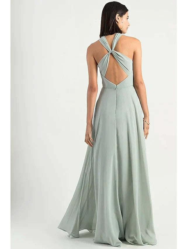 Back view of a blue A-line halter neck chiffon bridesmaid dress, highlighting the criss-cross straps.