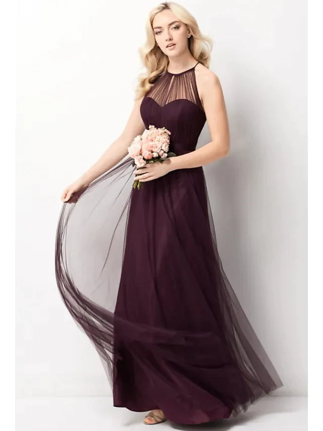 Elegant A-line halter neck floor-length bridesmaid dress in dark red.