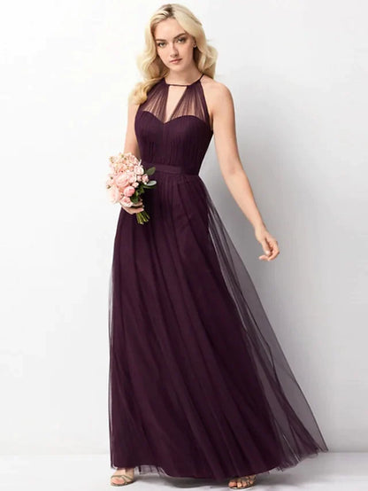 Close-up of the halter neckline and bodice of a dark red chiffon tulle dress.