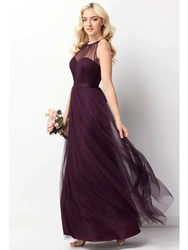 Back view of a dark red A-line halter neck formal dress.