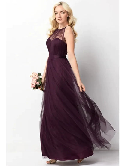 Back view of a dark red A-line halter neck formal dress.