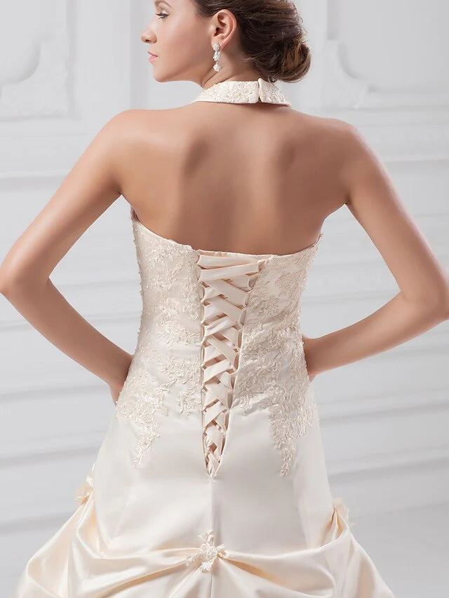 Full length view of A-Line bridal gown with elegant silhouette.
