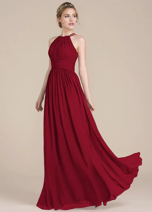 Elegant A-Line Halter Neck Ruched Chiffon Maxi Evening Dress with Multi-Strap Back