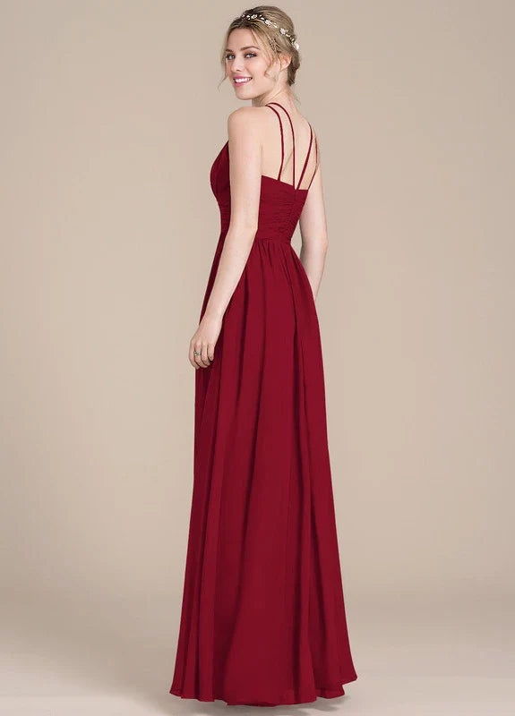 Elegant A-Line Halter Neck Ruched Chiffon Maxi Evening Dress with Multi-Strap Back
