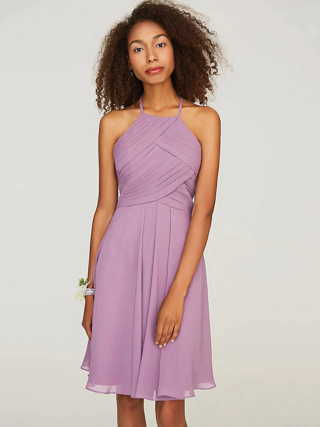 Model wearing an A-Line halter neck chiffon bridesmaid dress with ruffles, front view.