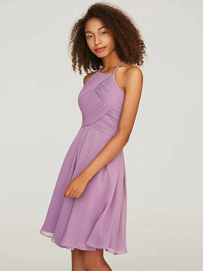 Back view of the A-Line halter neck chiffon bridesmaid dress, highlighting ruffles.