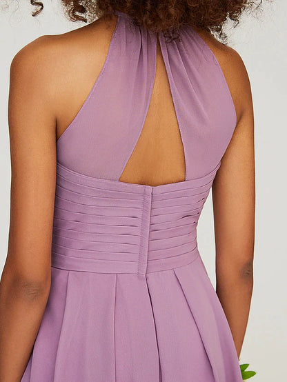 Side profile of the elegant A-Line chiffon bridesmaid dress with halter neck and ruffles.