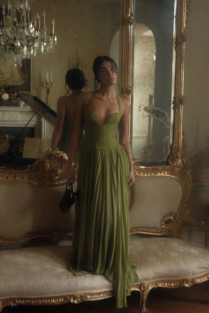 Elegant A-Line Halter-Neck Sleeveless Lace-Up-Back Maxi Evening Dress