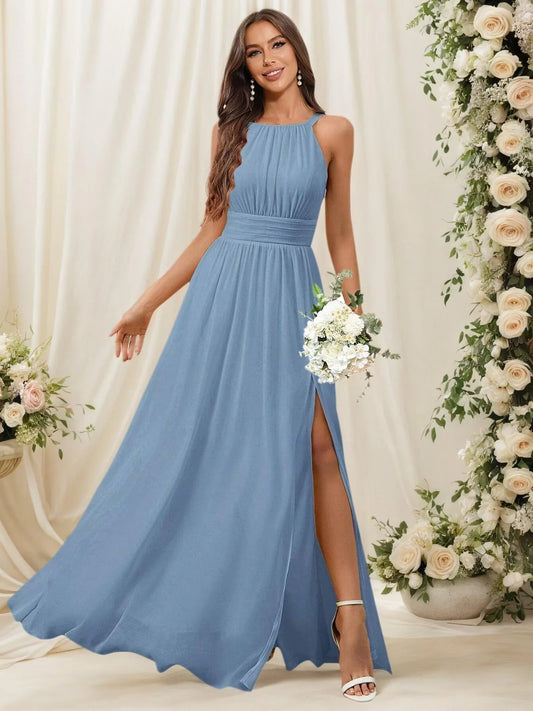 Elegant A-Line Halter Neck Sleeveless Zip-Back High-Slit Maxi Evening Dress