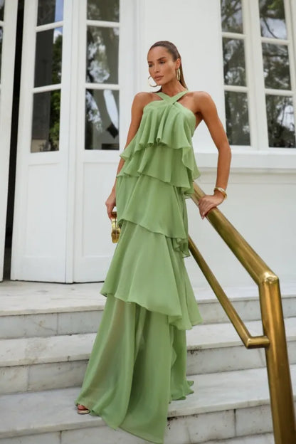 Elegant A-Line Halter Neck Tiered Ruffle Backless Chiffon Maxi Dress