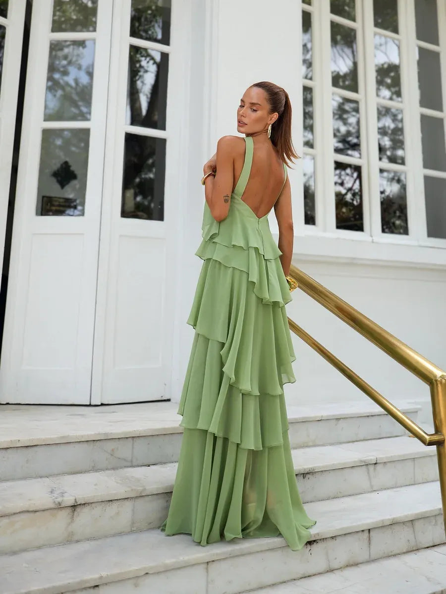 Elegant A-Line Halter Neck Tiered Ruffle Backless Chiffon Maxi Dress