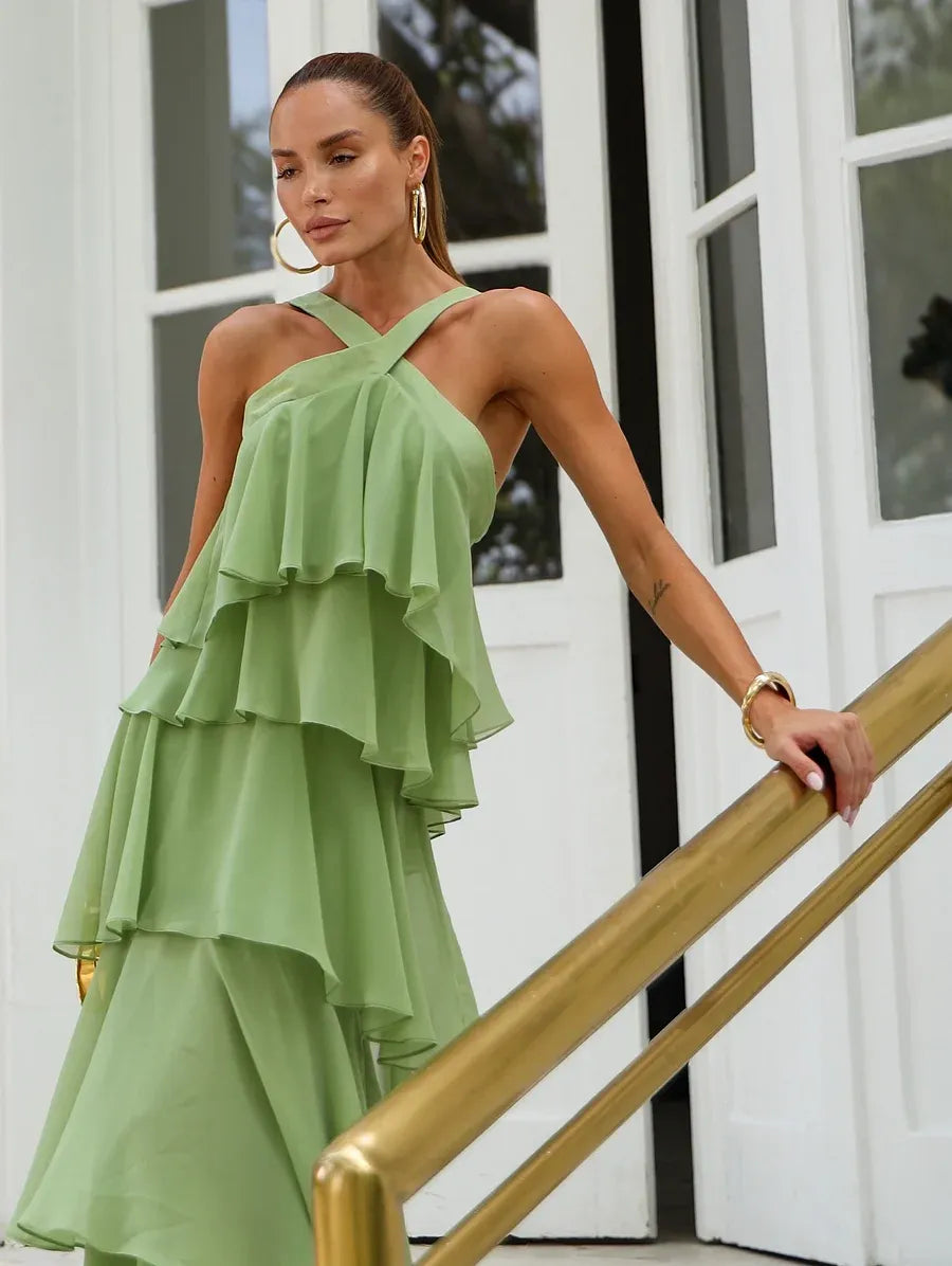 Elegant A-Line Halter Neck Tiered Ruffle Backless Chiffon Maxi Dress