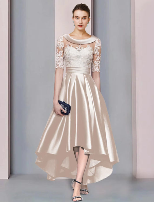 Elegant A-line high-low tea length mother of the bride dress with scoop neck and half sleeves, featuring lace appliques.