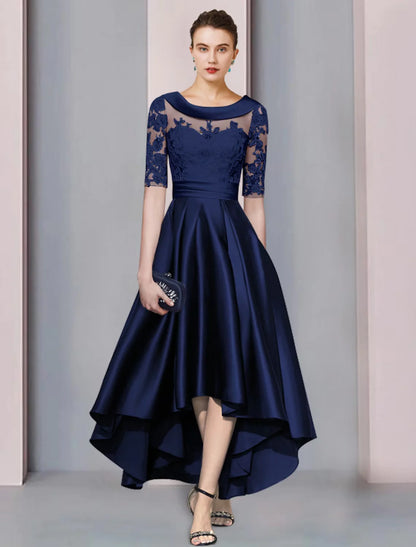 Back view of the elegant A-line high-low tea length mother of the bride dress, highlighting the flowing skirt and half.