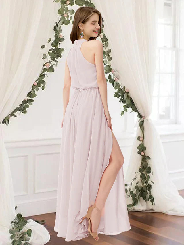 Back view of a model wearing a light blue high-neck chiffon bridesmaid dress.