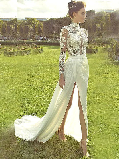 Elegant A-line wedding dress with high neck, long illusion lace sleeves, and a split front.
