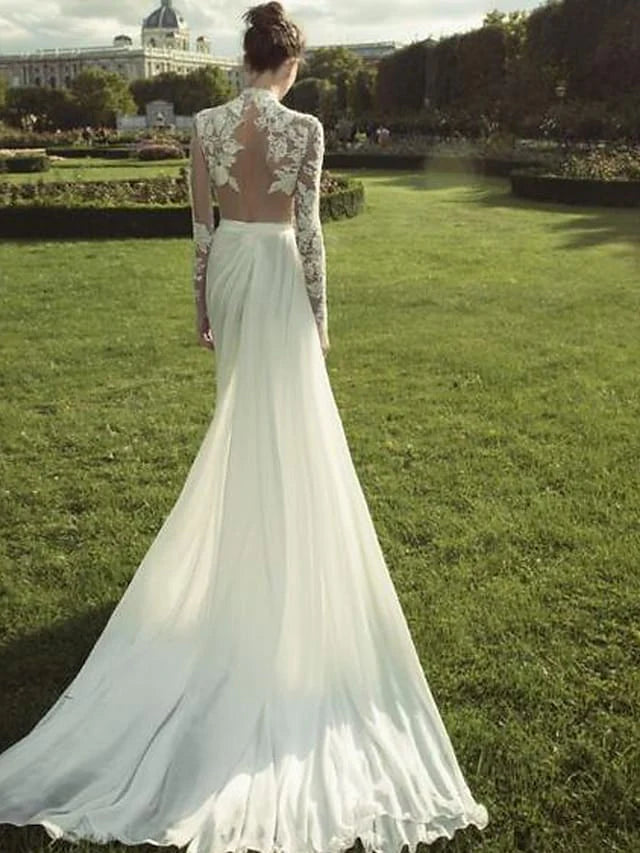 Side view of A-line wedding dress, showing court train and intricate lace details.