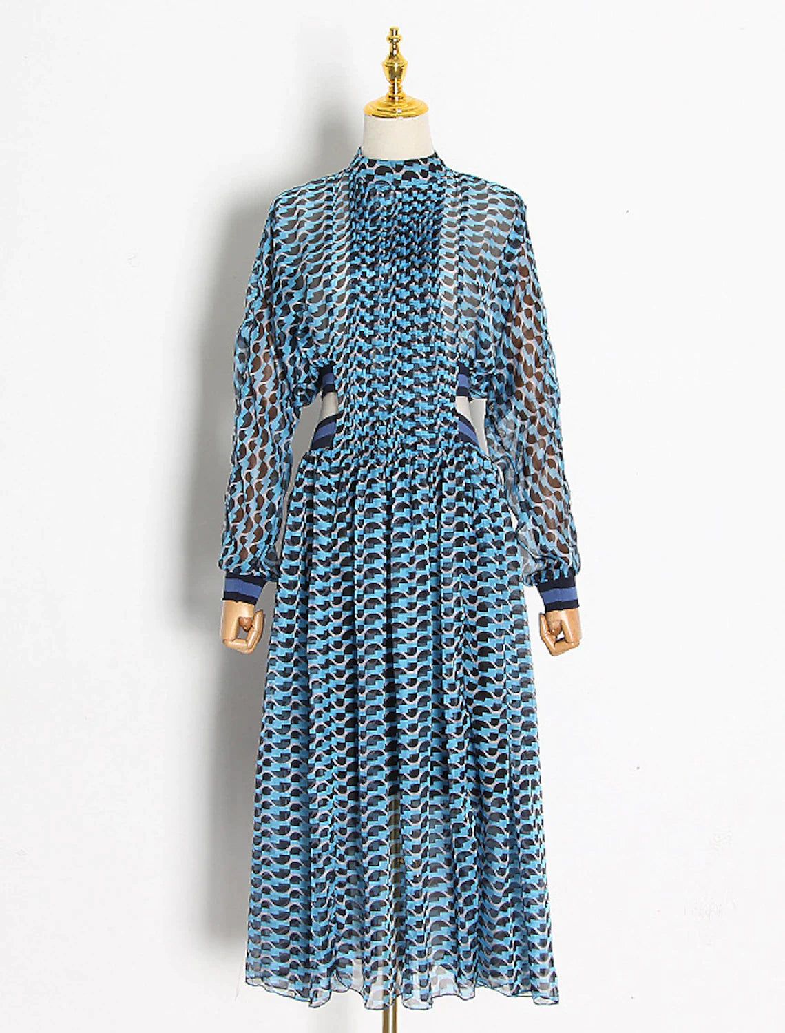 Woman wearing an elegant A-line high neck long sleeve floral print chiffon dress.