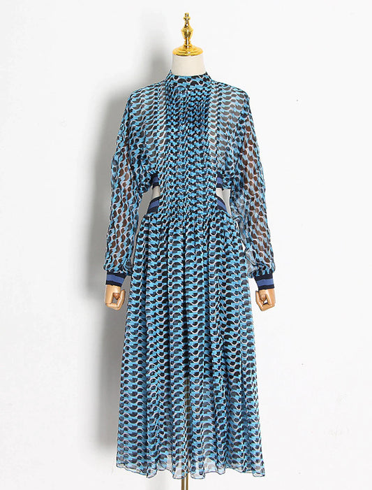 Woman wearing an elegant A-line high neck long sleeve floral print chiffon dress.