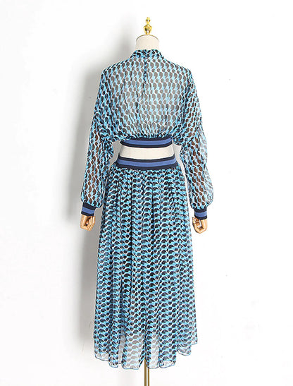 Side view of woman in A-line floral print chiffon dress.