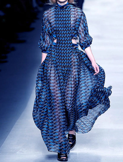Back view of woman in high neck long sleeve floral print dress.