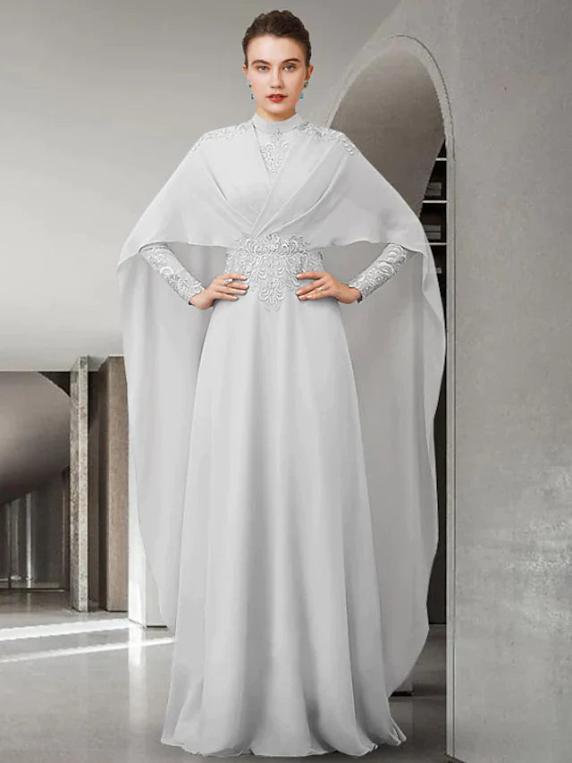 Elegant A-line mother of the bride dress with high neck, long lace sleeves, and appliques.