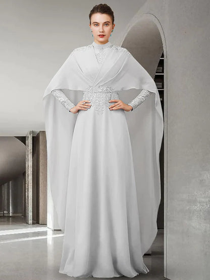 Elegant A-line mother of the bride dress with high neck, long lace sleeves, and appliques.