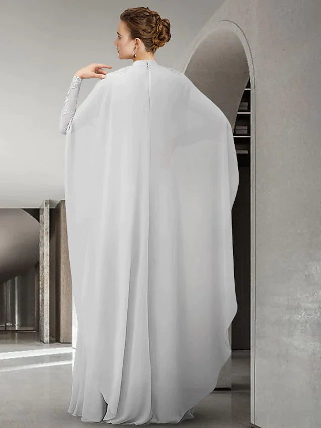 Close-up of high neck and long lace sleeve detail on an A-line formal dress.