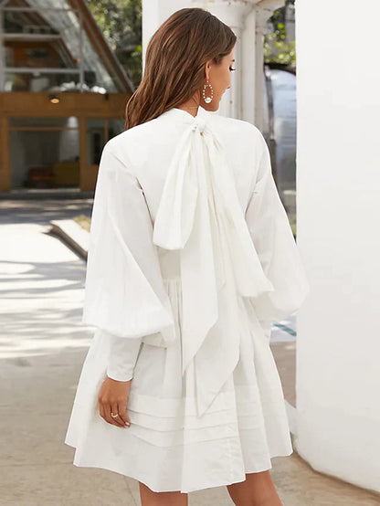 Woman wearing a dark A-line high neck long sleeve ruffled mini dress, side profile.