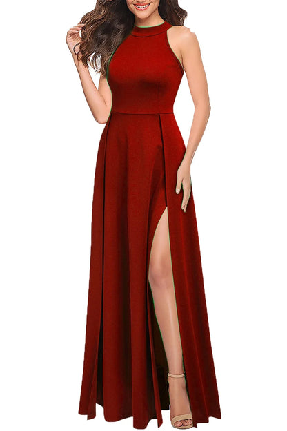 Elegant A-Line High Neck Sleeveless Zip Back Side-Slit Maxi Evening Dress