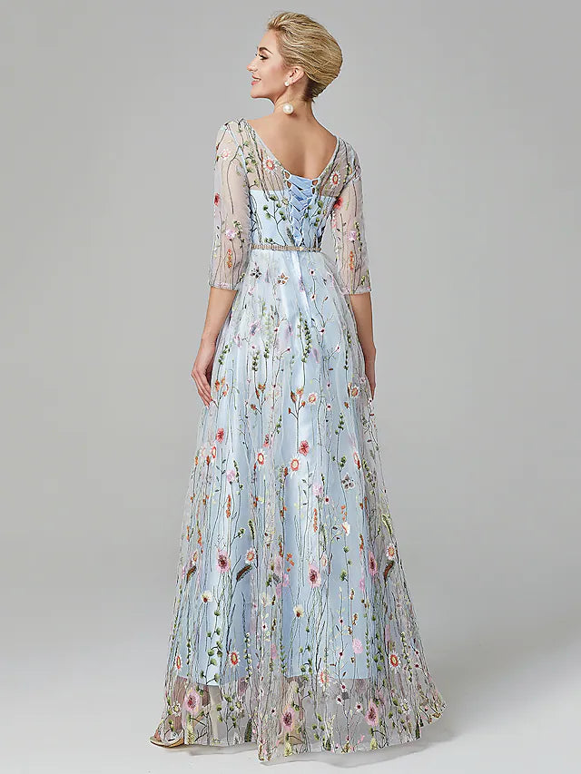 Side view of the A-Line evening gown, showcasing the floor-length skirt.