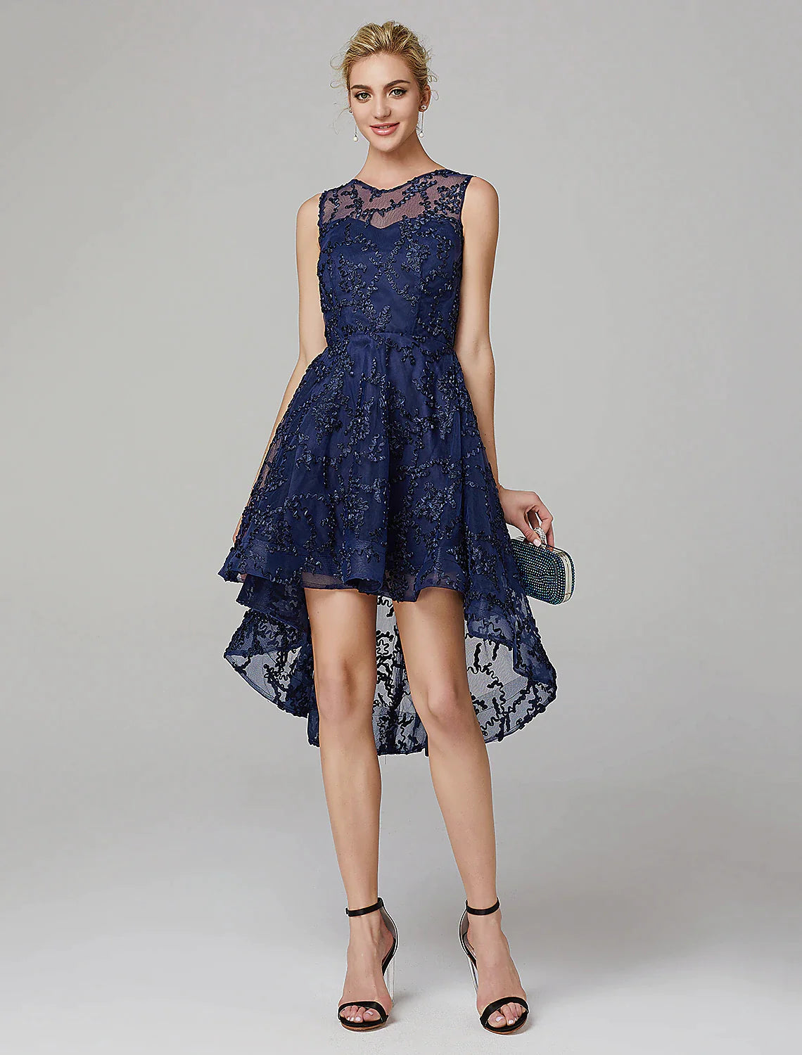 Model wearing a multi-color A-line illusion neck tulle applique dress, front view.